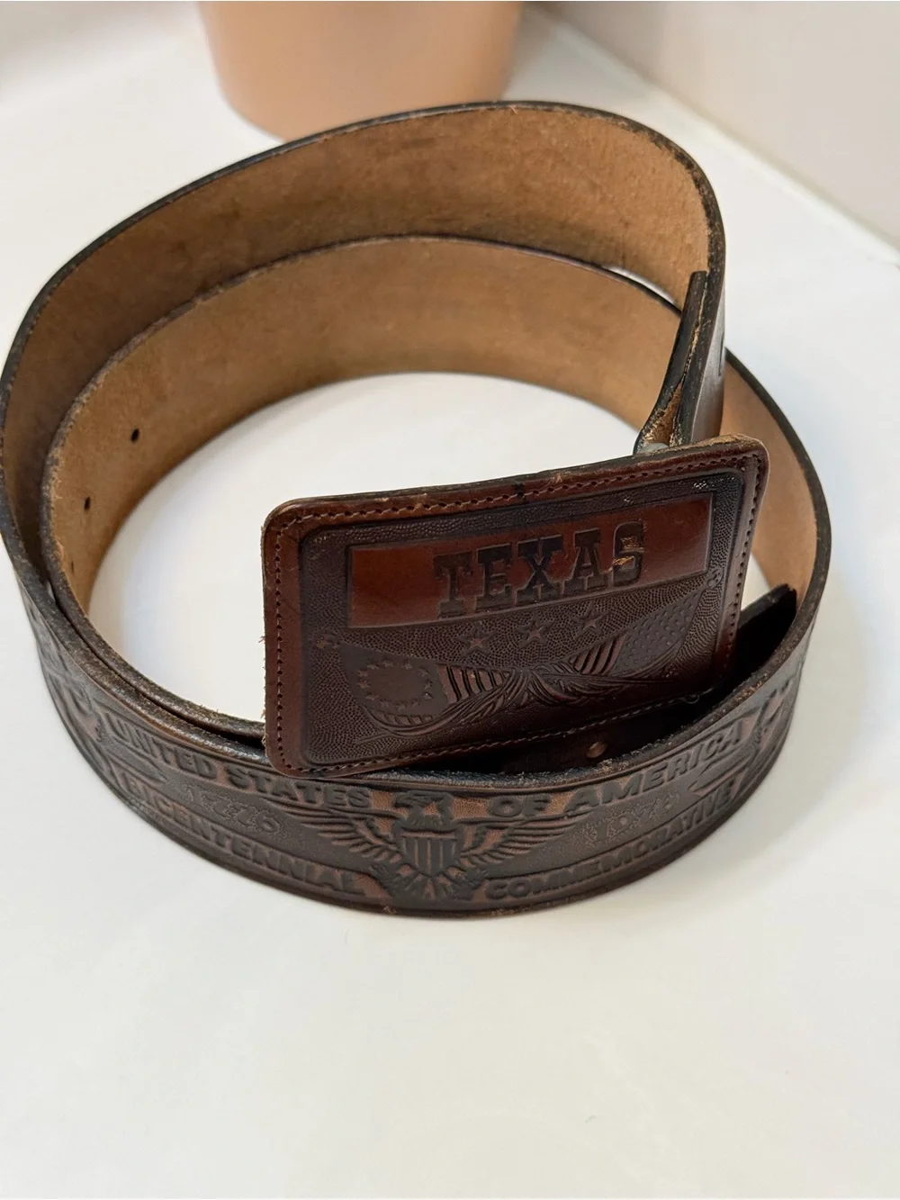 Vintage Texas Bicentennial Brown Leather Western Belt w/ Embossed Buckle C-400